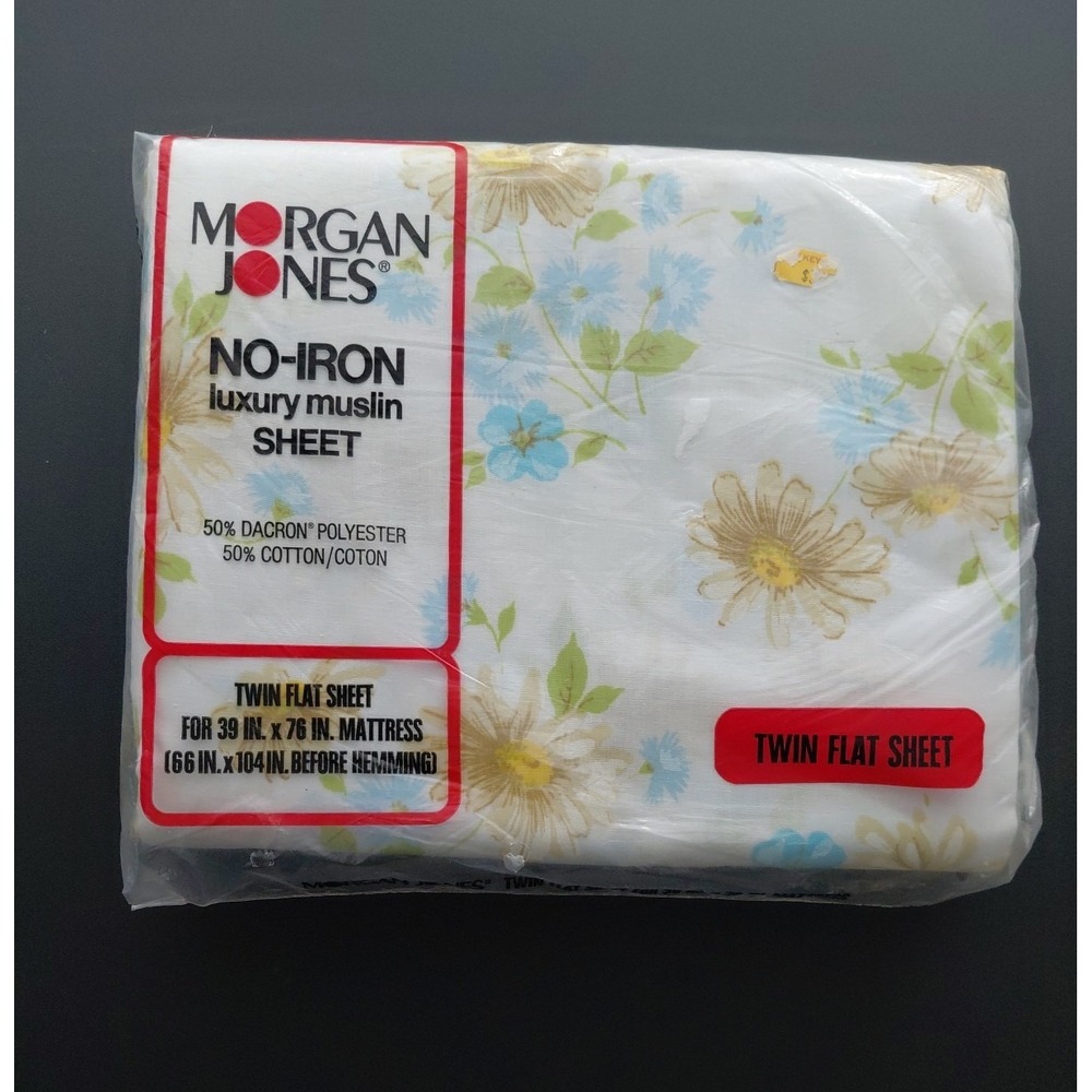 VTG Morgan Jones Percale Floral Daisy Blue‎ TWIN FLAT Sheet NEW NIP NOS Cottage